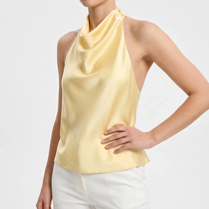 Stylish women's backless halter top, draped neckline, elegant sleeveless for summer evenings.