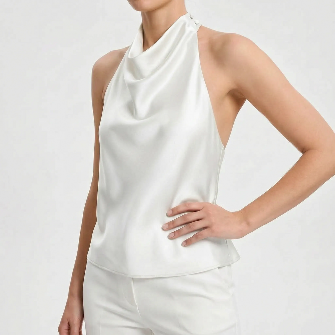 Versatile women's draped halter top, elegant sleeveless style for casual elegant or party wear.