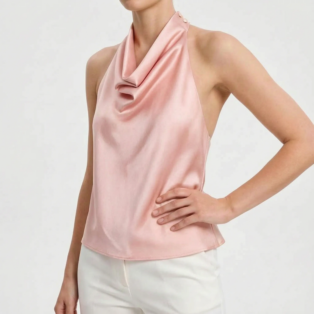 Women's elegant sleeveless draped halter top, ideal for summer fashion & evening events.