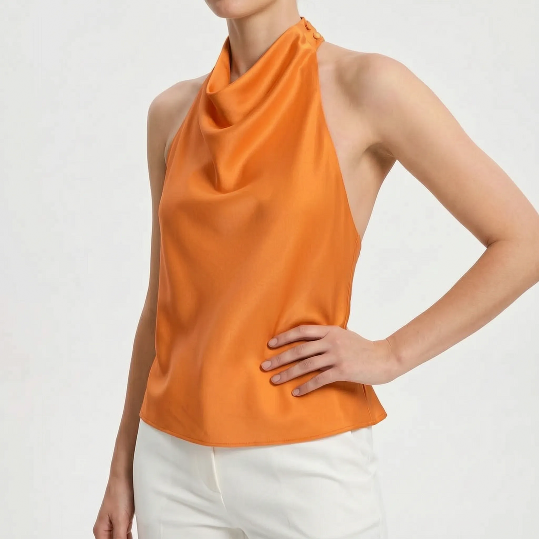Flowy women's draped halter top, elegant sleeveless design for a chic & comfortable look.