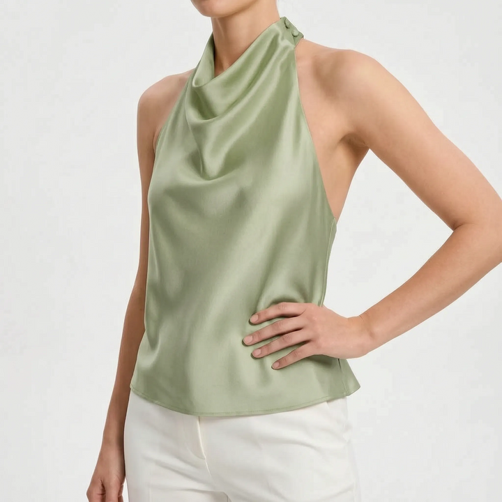 Chic women's draped halter top, elegant sleeveless fashion for modern women's apparel.