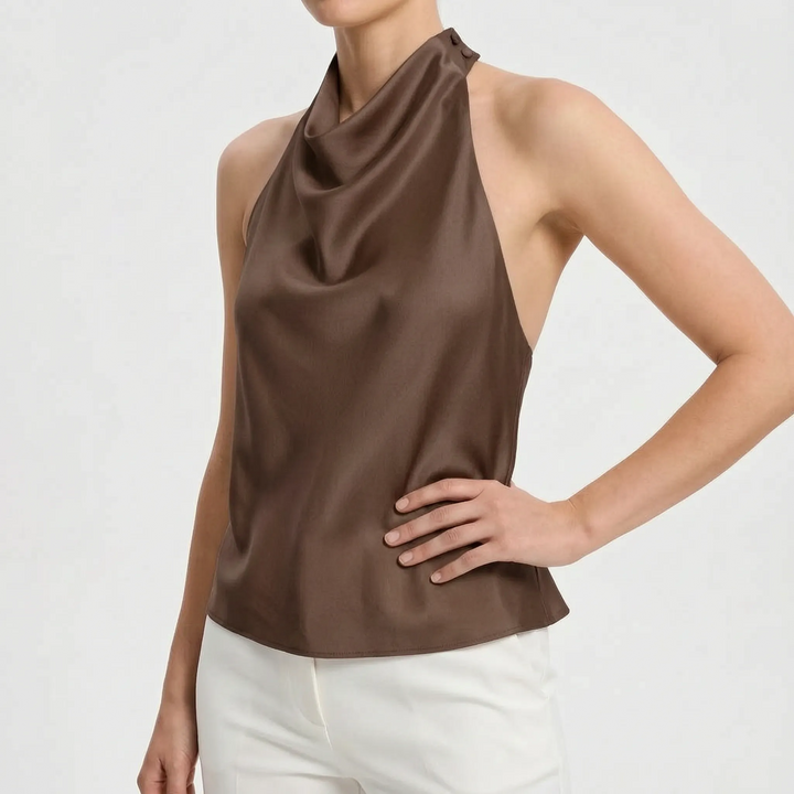 Solid color women's draped halter top, elegant sleeveless for a refined evening wear look.