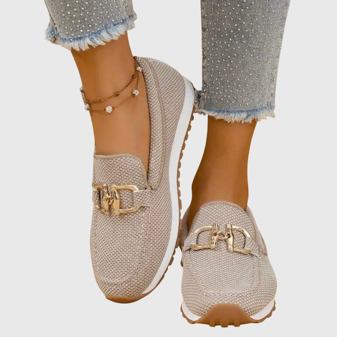 Comfortable women's dusty blue horsebit loafers with a cushioned sole. Perfect casual flats for everyday wear.