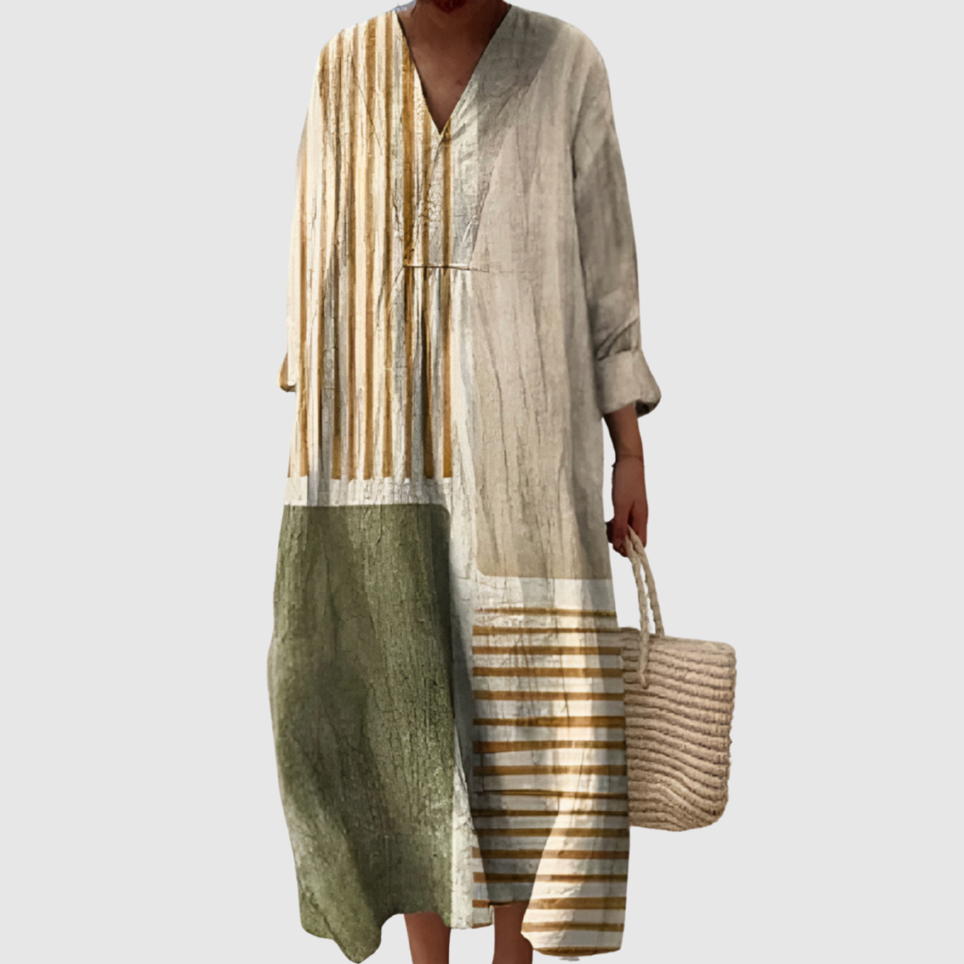 Women's earth-tone abstract panel maxi dress with V-neck. Relaxed fit, bohemian style for casual chic comfort.