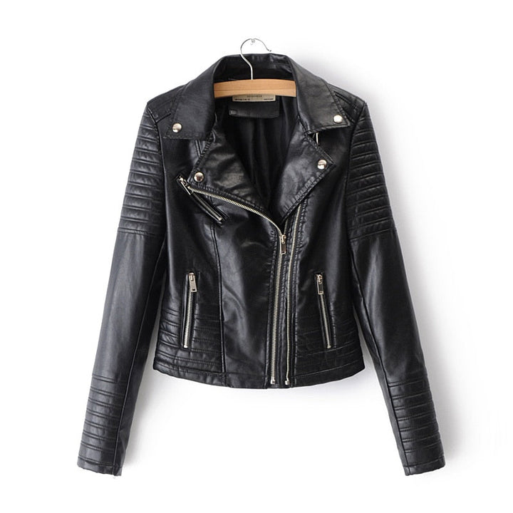 Women's edgy black two-tone biker jacket with zip closure, versatile outerwear for a chic casual look.