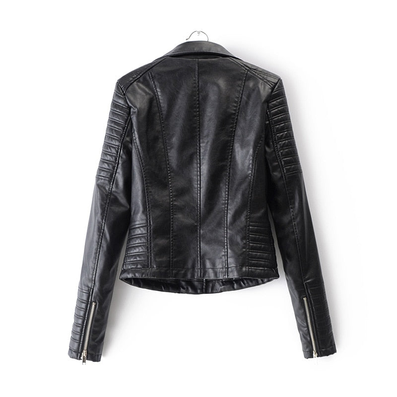 Chic women's two-tone black biker jacket, an edgy fashion piece for versatile casual and streetwear outfits.