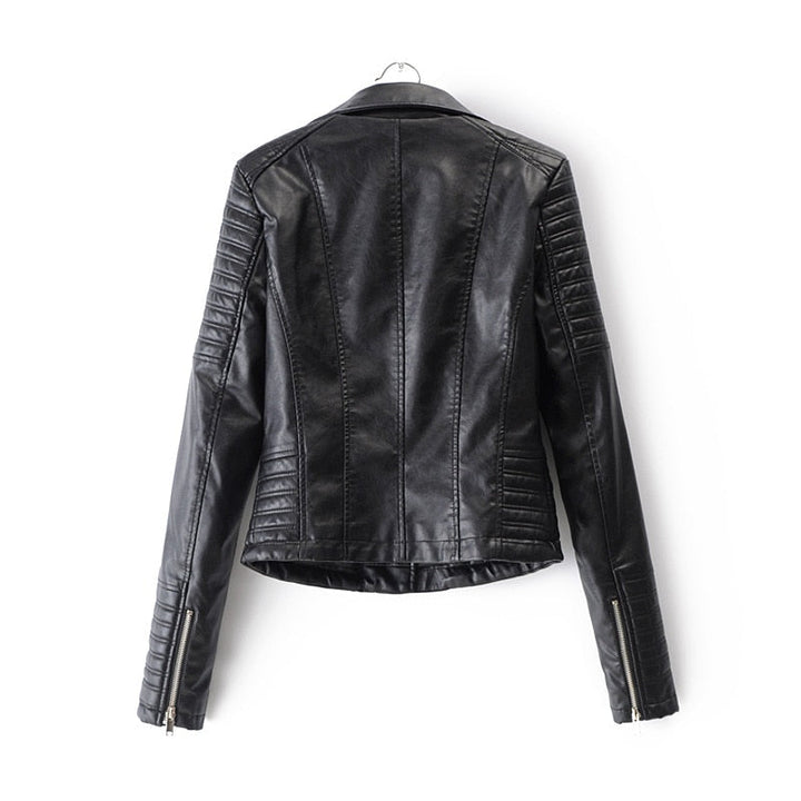 Chic women's two-tone black biker jacket, an edgy fashion piece for versatile casual and streetwear outfits.