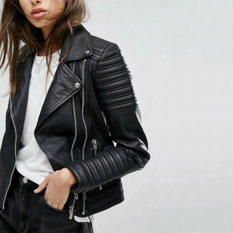 Stylish women's black two-tone biker jacket, perfect edgy outerwear to elevate your casual and chic ensembles.