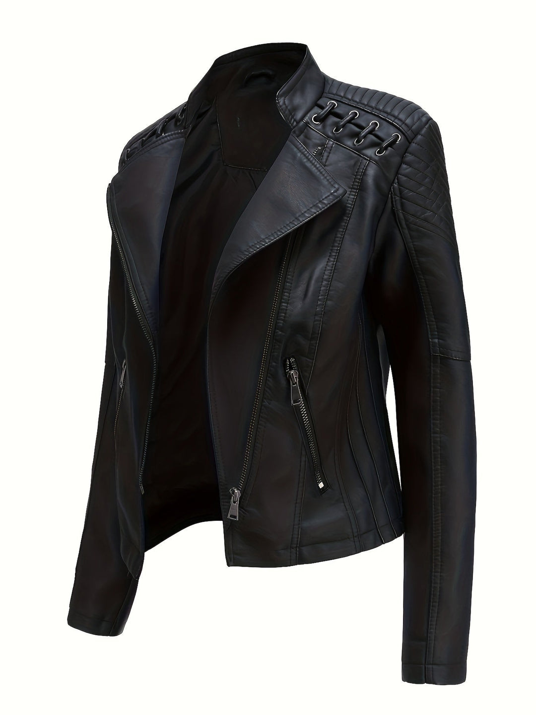 Women's edgy moto jacket with studded shoulders, asymmetric zip, and notch lapel.