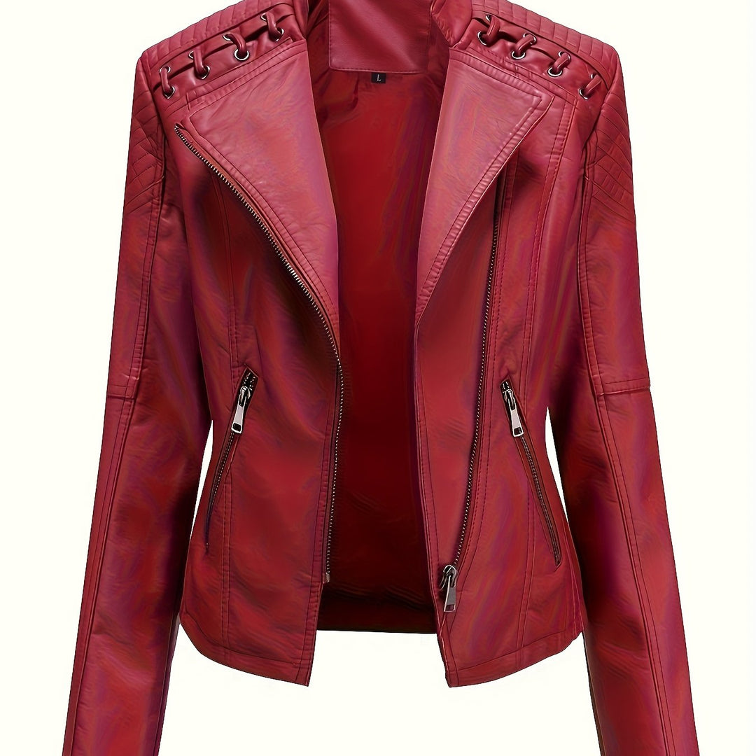 Versatile women's outerwear: edgy moto jacket with studded shoulders & asymmetric zip.
