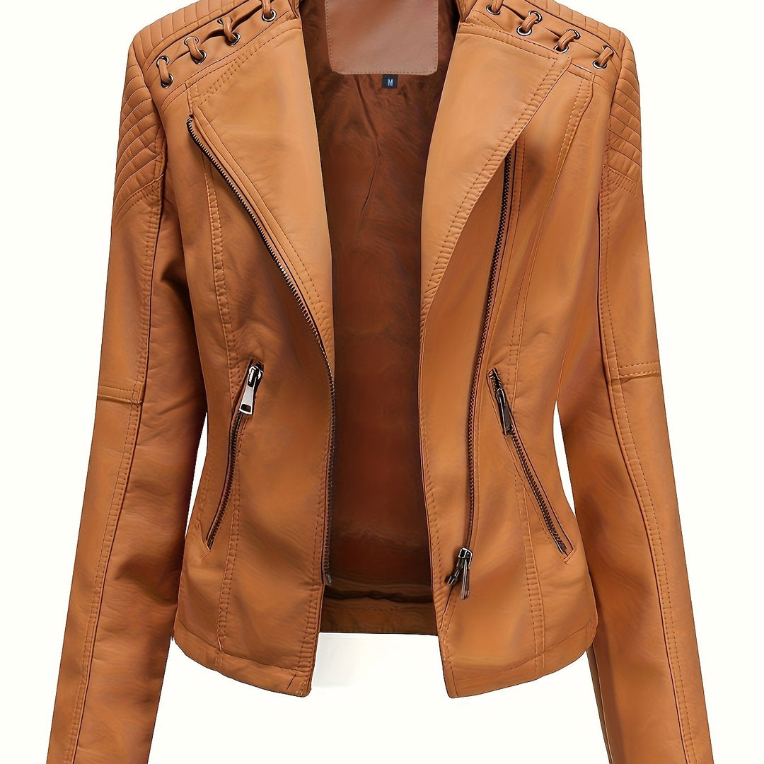 Chic women's biker jacket with studded shoulders, perfect for modern edgy fashion trends.