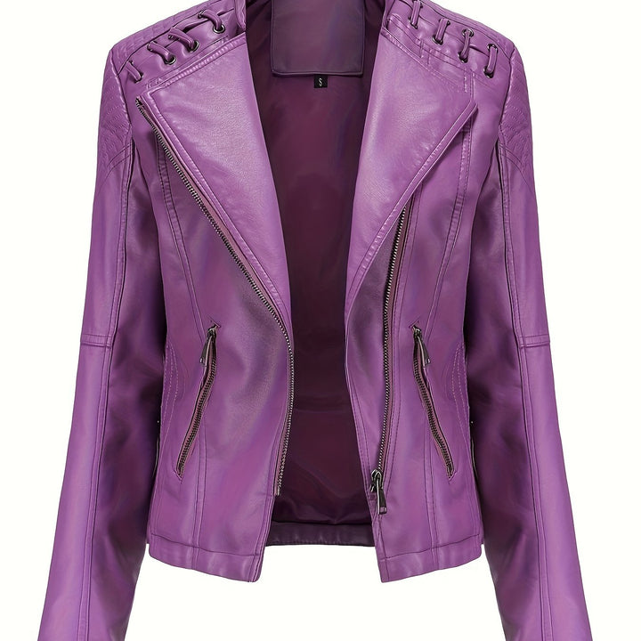 Women's black fitted moto jacket with studded shoulders, asymmetric zip, and notch lapel.