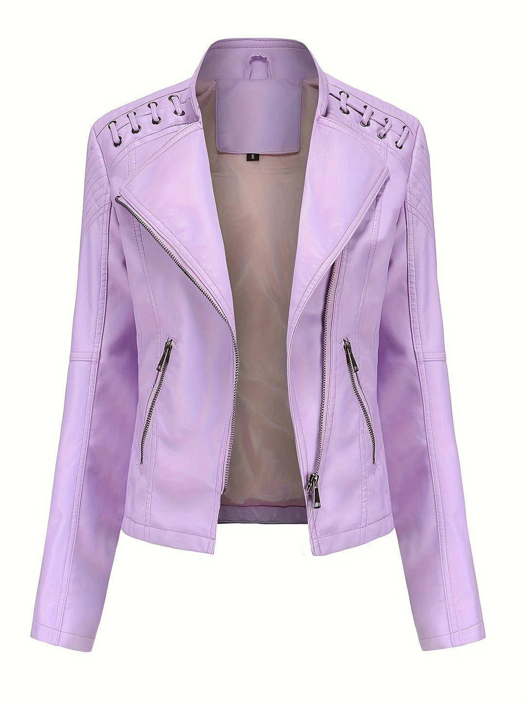 Close-up of women's black moto jacket, highlighting studded shoulders and faux leather.