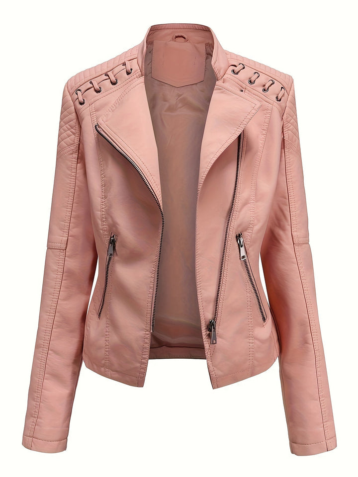 Stylish women's biker jacket featuring an edgy asymmetric zip and fitted silhouette.
