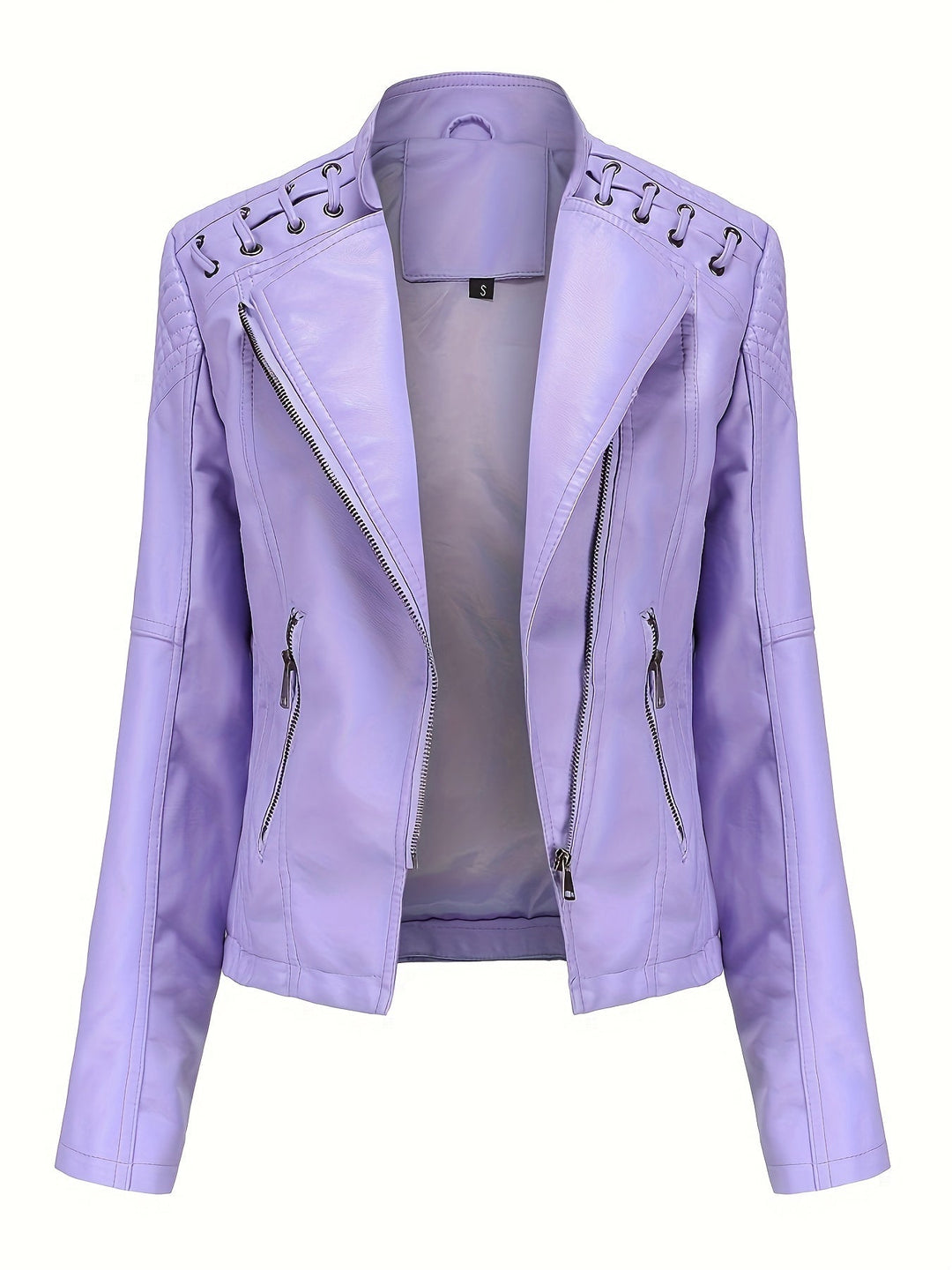 Back view of a women's fitted moto jacket, showcasing biker style details.