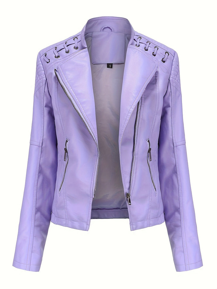 Back view of a women's fitted moto jacket, showcasing biker style details.