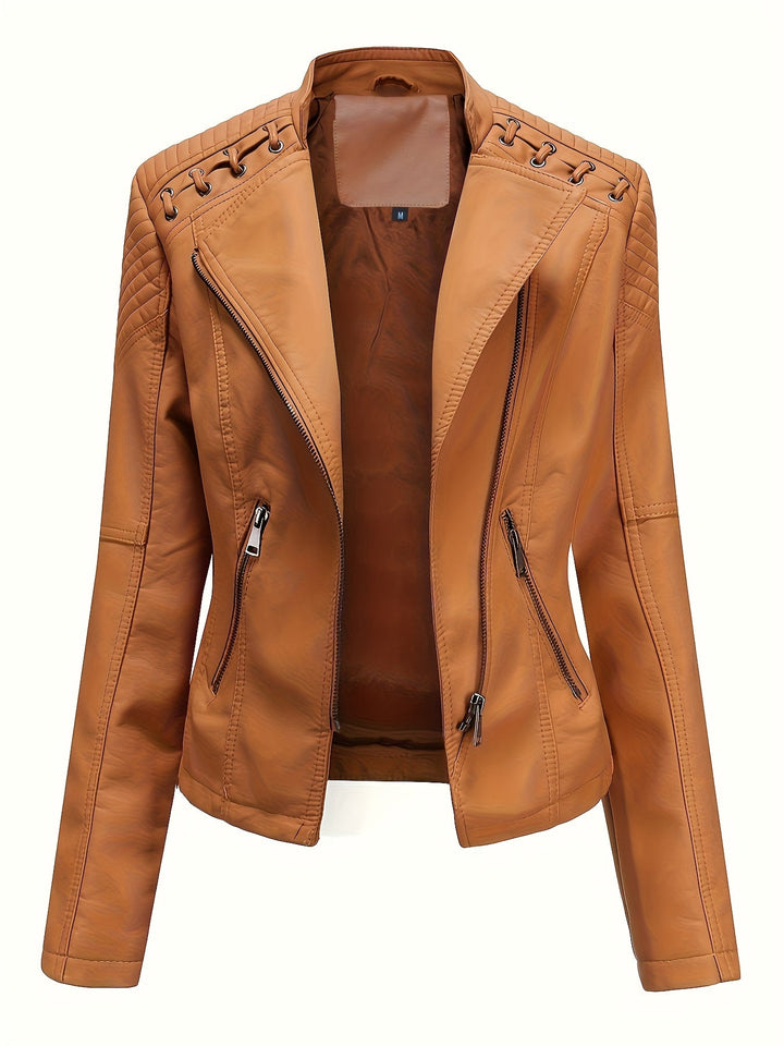 Edgy women's moto jacket with a prominent notch lapel and studded shoulder accents.
