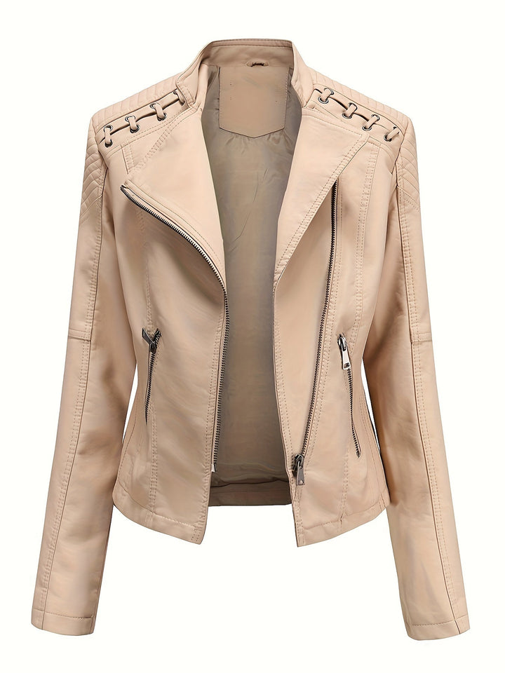 Black faux leather moto jacket for women, featuring studded shoulders and asymmetric zipper.