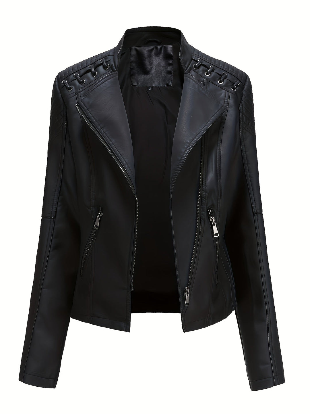 Statement women's moto jacket with studded shoulders, ideal for edgy biker fashion.