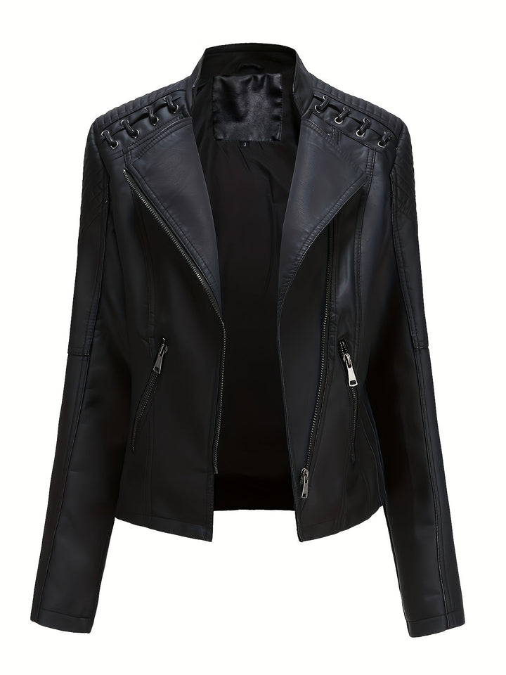 Statement women's moto jacket with studded shoulders, ideal for edgy biker fashion.