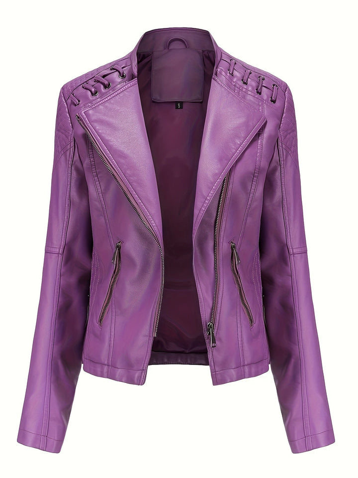 Full length view of a women's black moto jacket, designed for a sleek and fitted look.