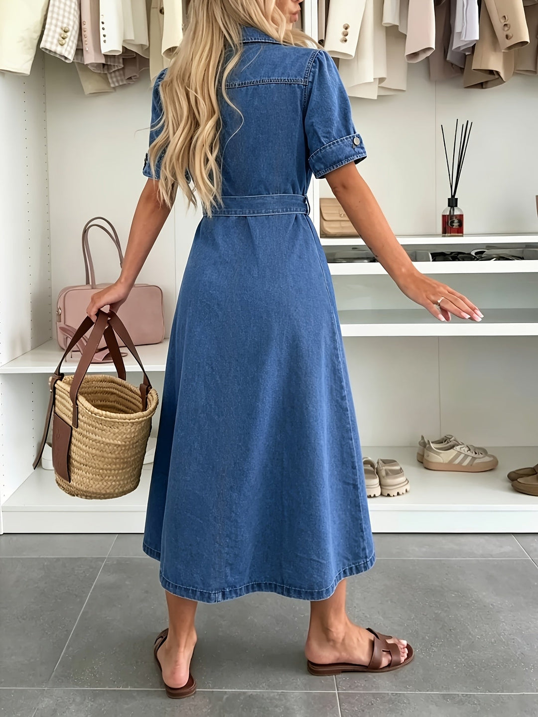 Stylish blue denim dress for women, featuring a button-front design, flattering belt, and trendy puff sleeves.