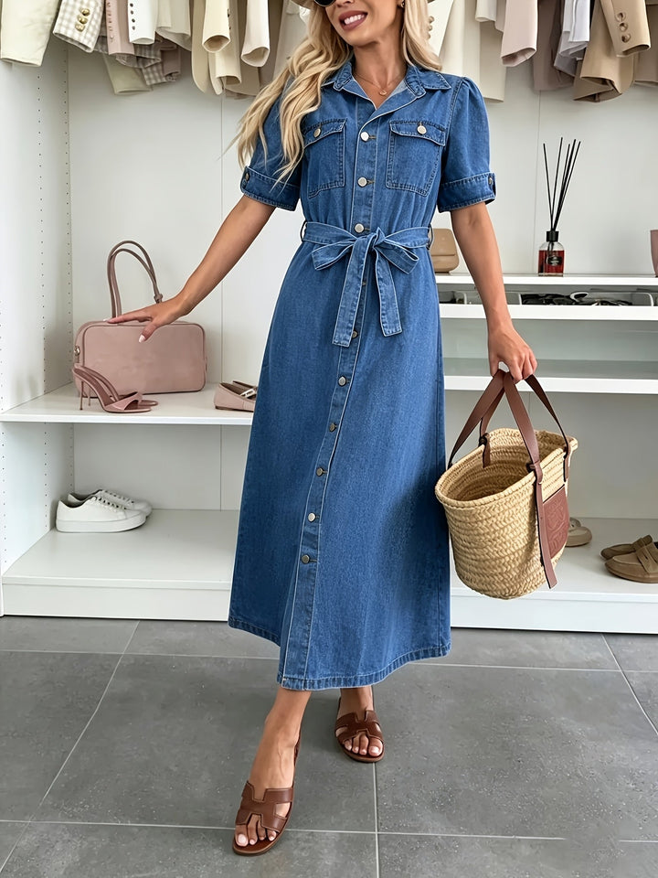 Versatile women's blue denim dress, button-front & belted, perfect for both casual and styled looks.