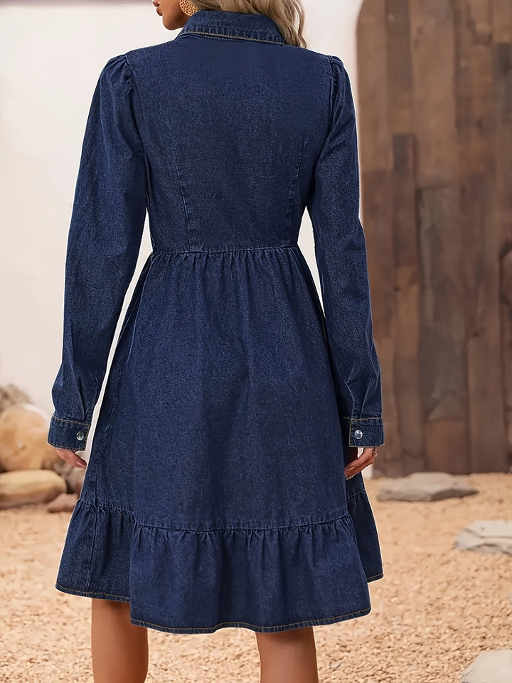 Stylish women's blue midi dress featuring elbow sleeves, elegant ruffle hem, and functional button front design.