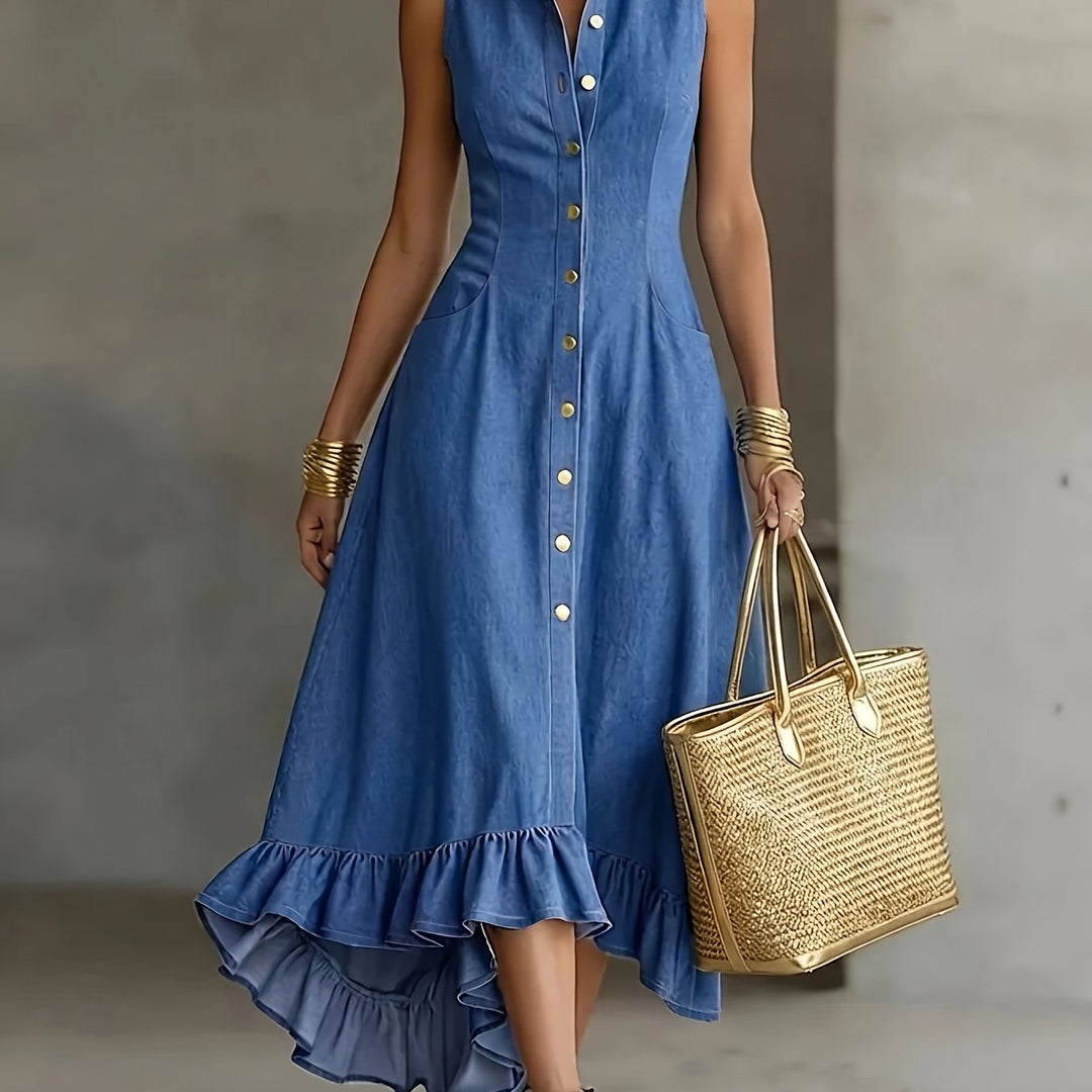 Women's casual blue ruffle high-low sleeveless dress, featuring a button front, an elegant summer essential.