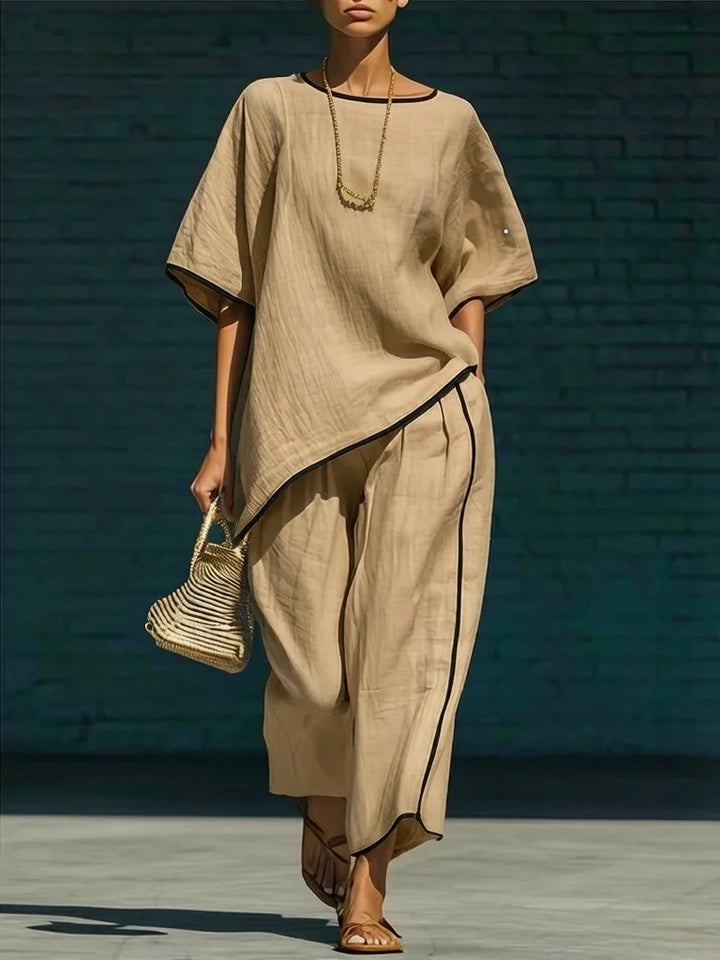 Effortless khaki women's matching top and cropped wide-leg pant set. Perfect comfortable outfit for spring.