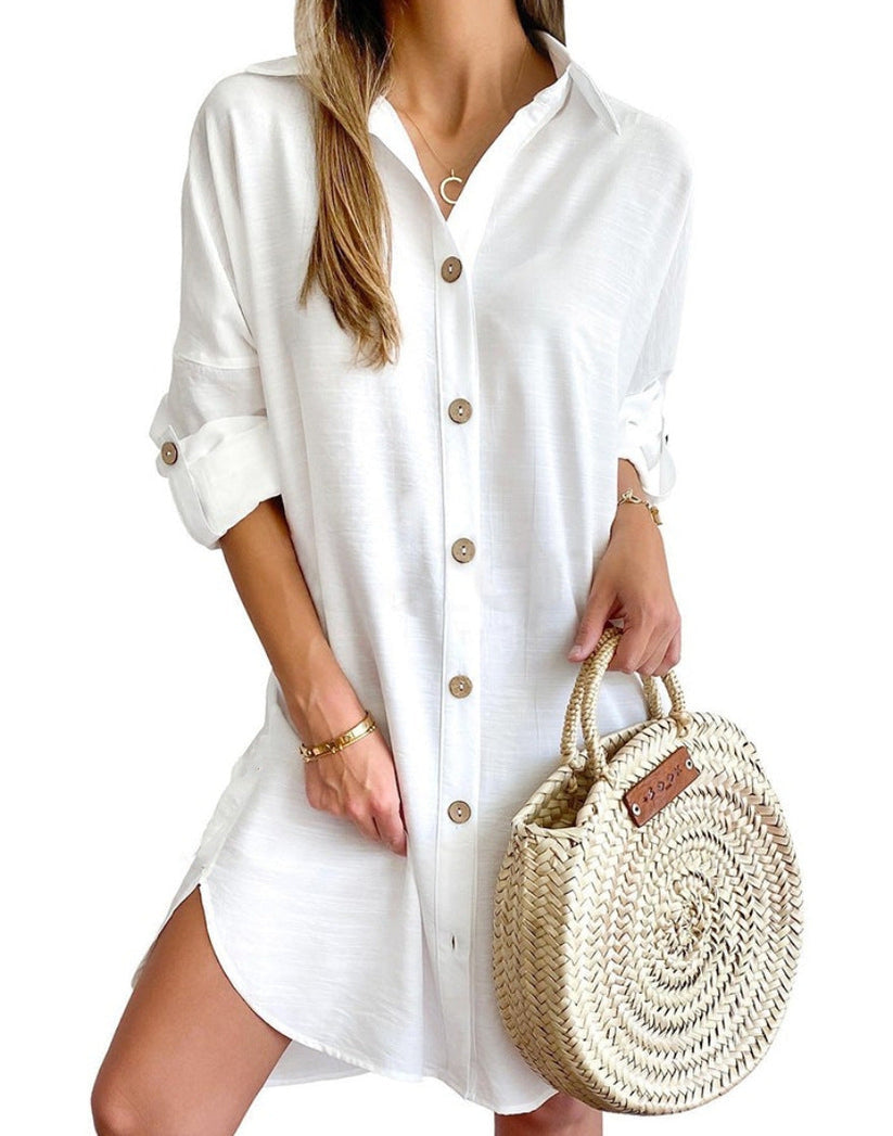 Green women's casual button-down shirt dress. Effortless oversized fit with roll-tab sleeves, ideal for summer.