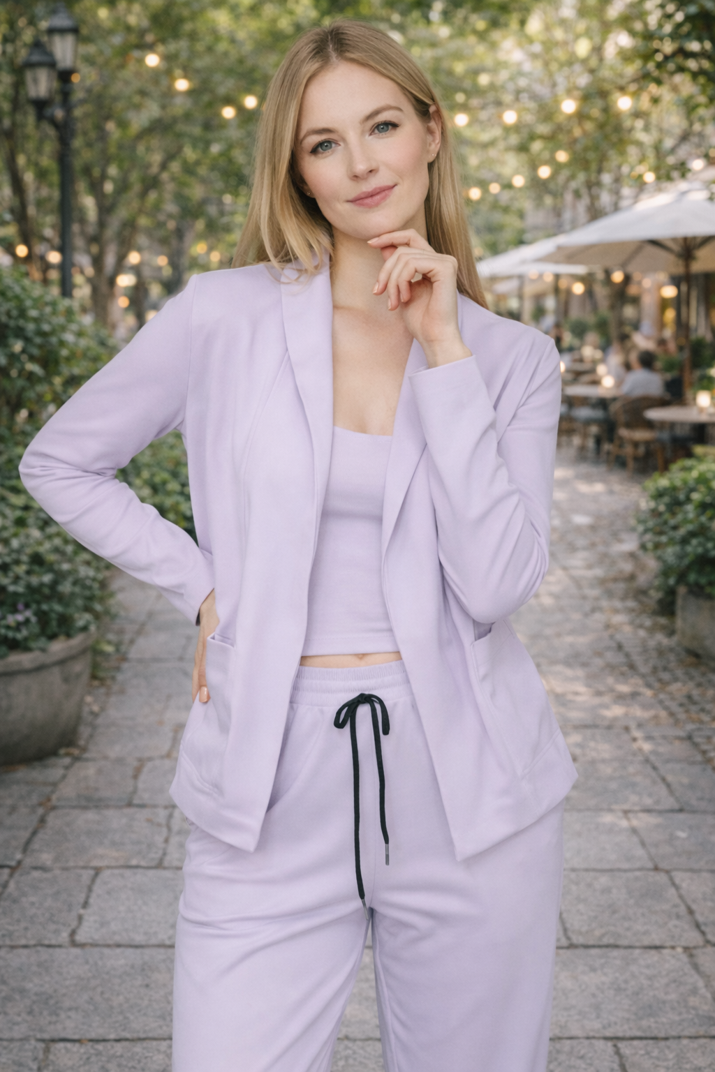 Effortless Chic women's two-piece suit. Modern blazer pants set offers comfortable, elegant, and versatile fashion.