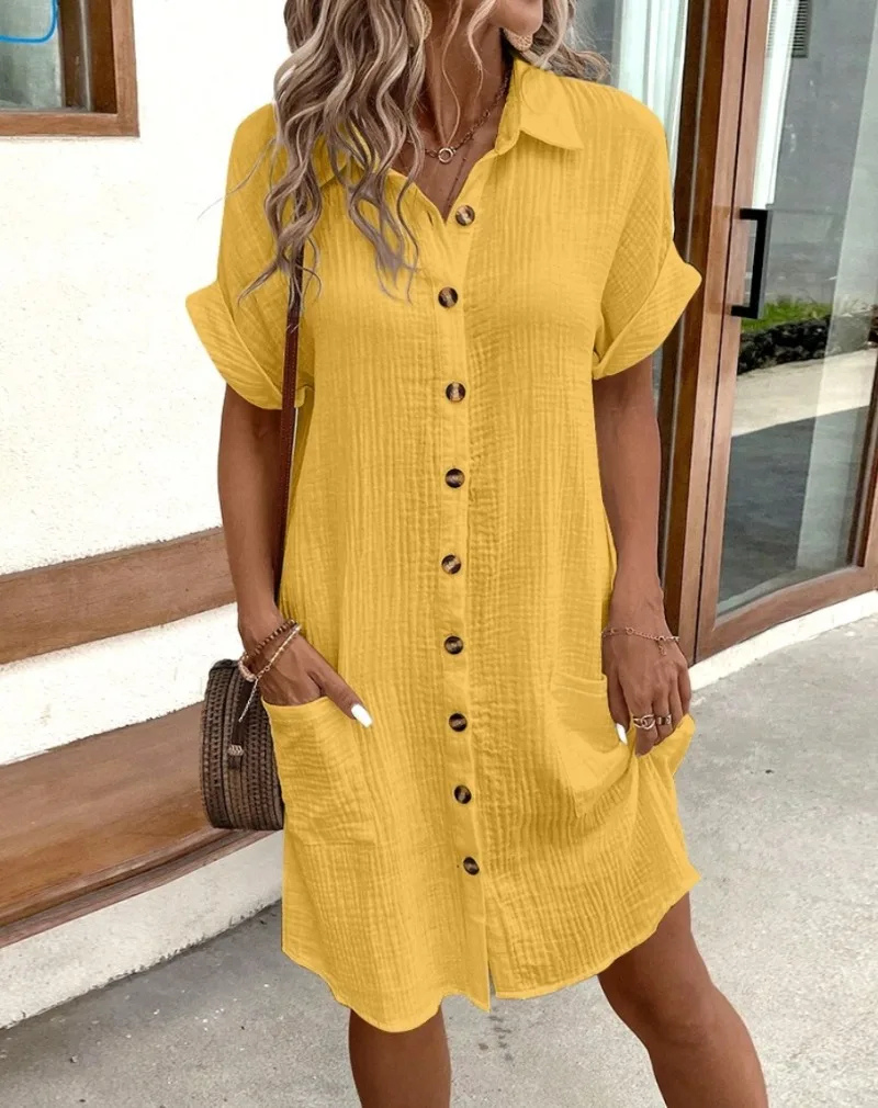 Women's versatile button-down mini dress. Effortless collared shirt dress for a relaxed, everyday look.