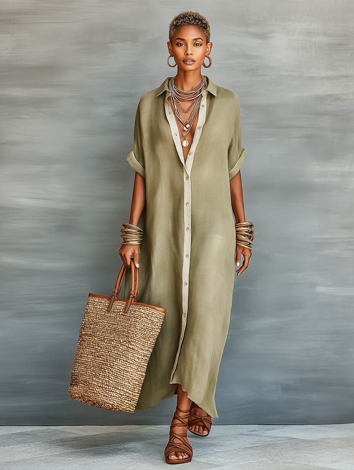 Oversized relaxed fit women's button front maxi shirt dress, collared for a chic, comfortable summer look.