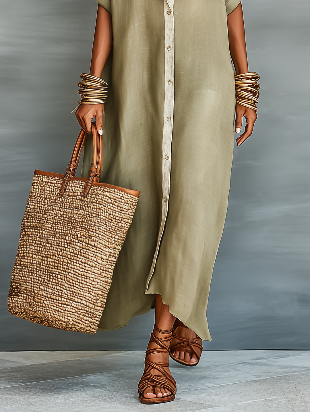 Effortless women's vacation maxi shirt dress, collared with a button front & relaxed elbow sleeves.