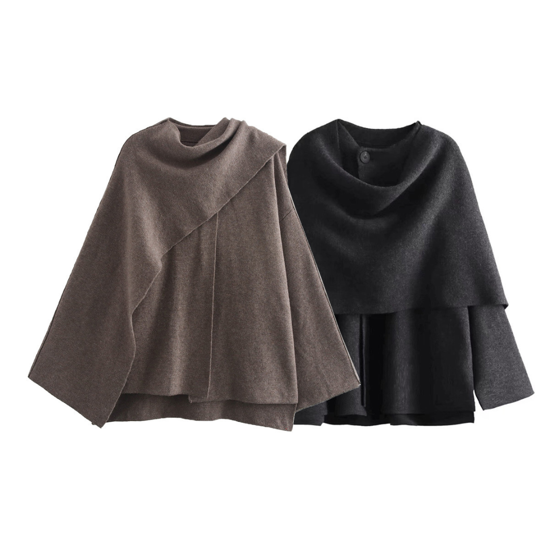Fashionable women's draped outerwear, a sophisticated cape coat with an asymmetrical design.