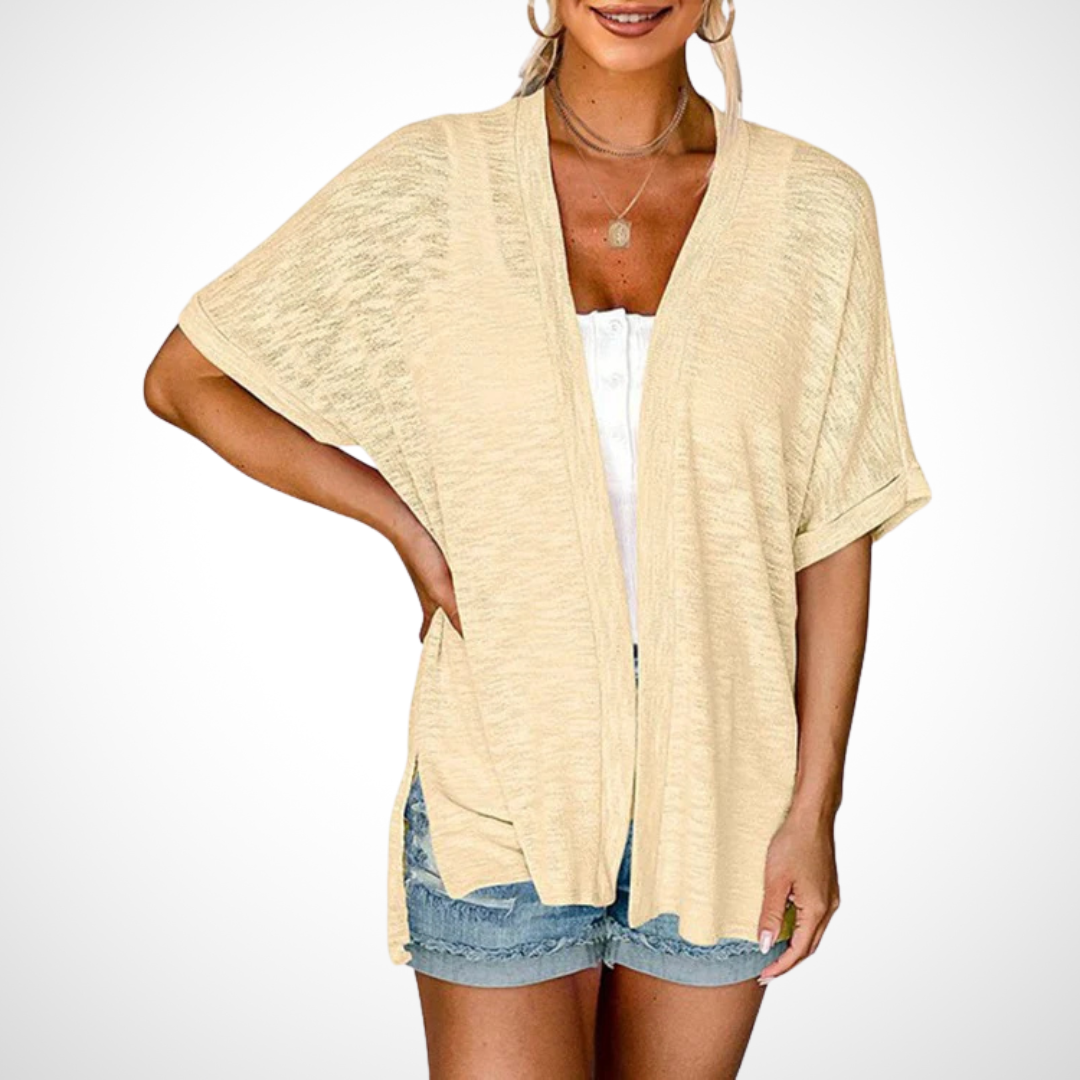 Women's effortless flowing short sleeve cardigan. Lightweight, open front, perfect for summer layering.