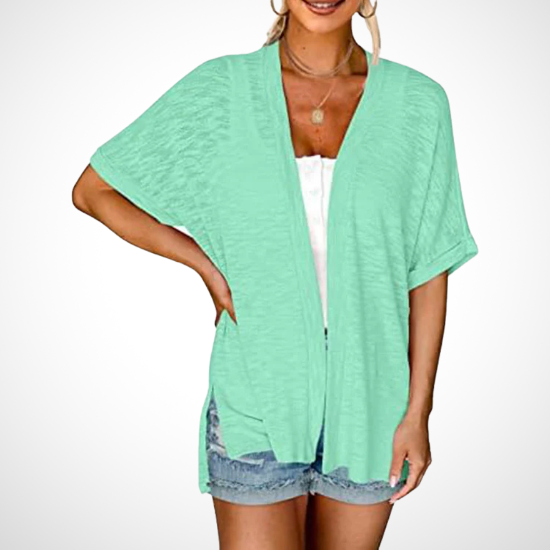 Women's lightweight short sleeve flowing cardigan. Open front, elegant & comfortable for summer layering.