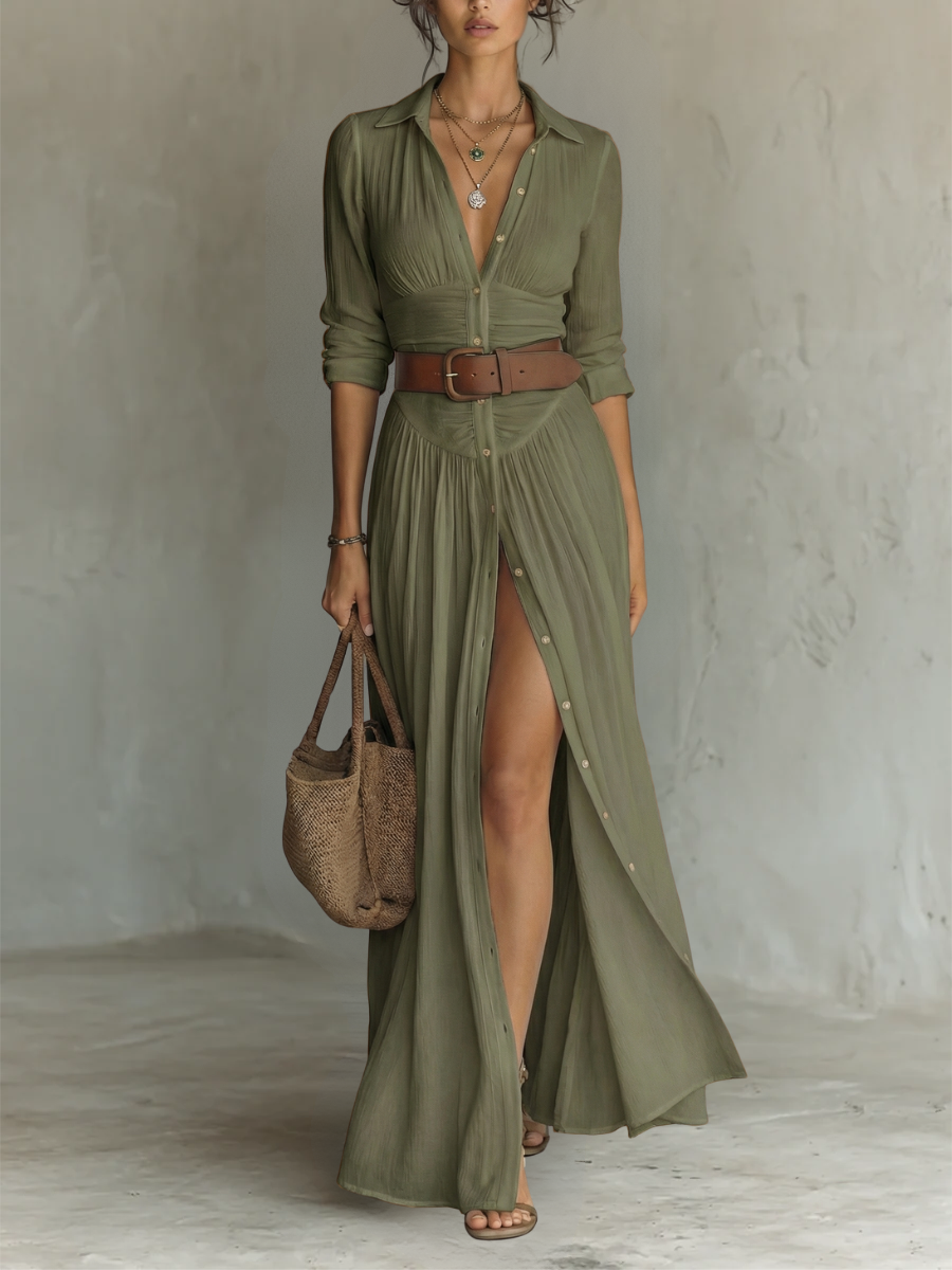 Women's effortless green collared maxi dress with button front, long sleeves, & side slit, ideal for boho summer vacation.