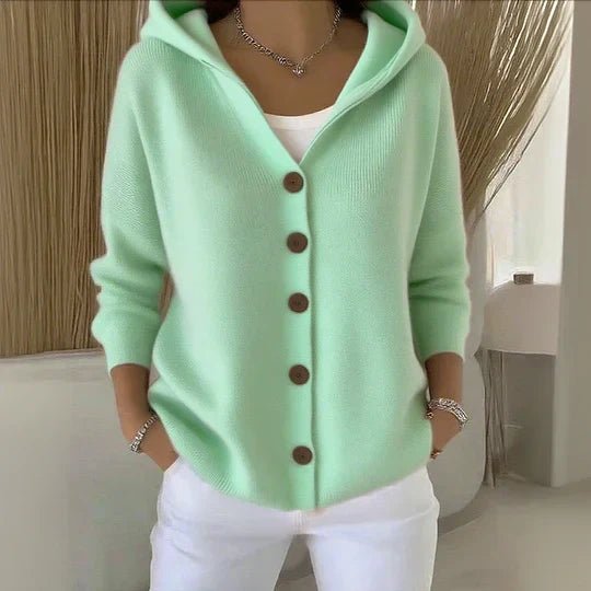 Women's cozy hooded button-front relaxed cardigan sweater, a casual layering piece for all women.