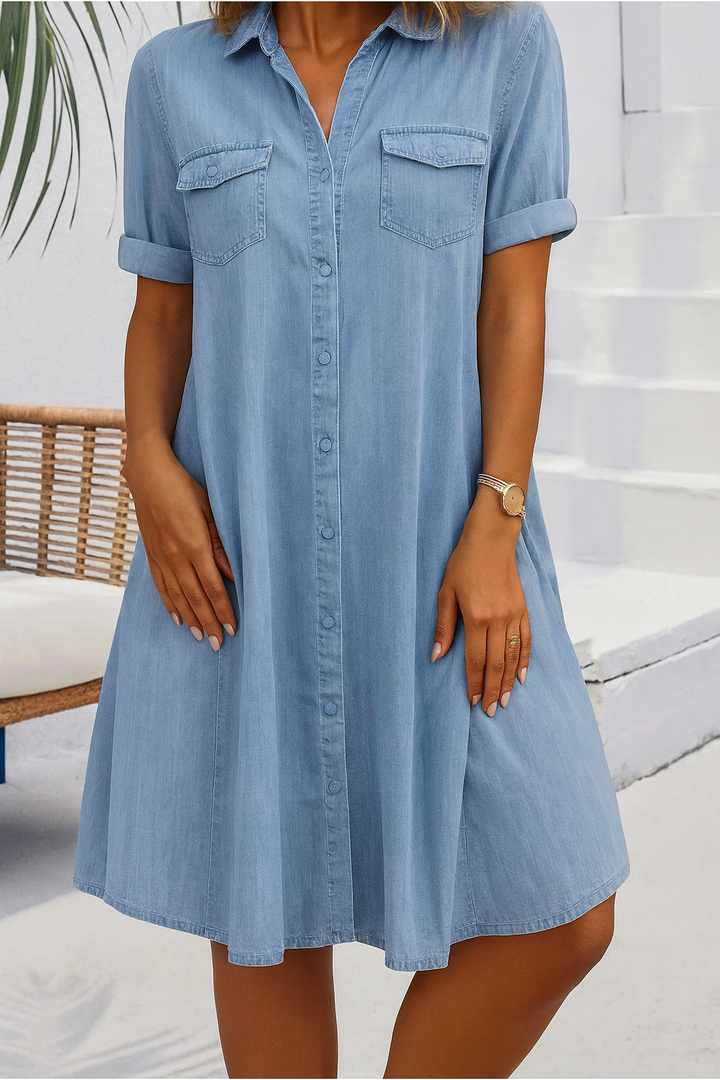 Women's effortless lightweight denim-look dress. Perfect casual summer or spring button-down style.