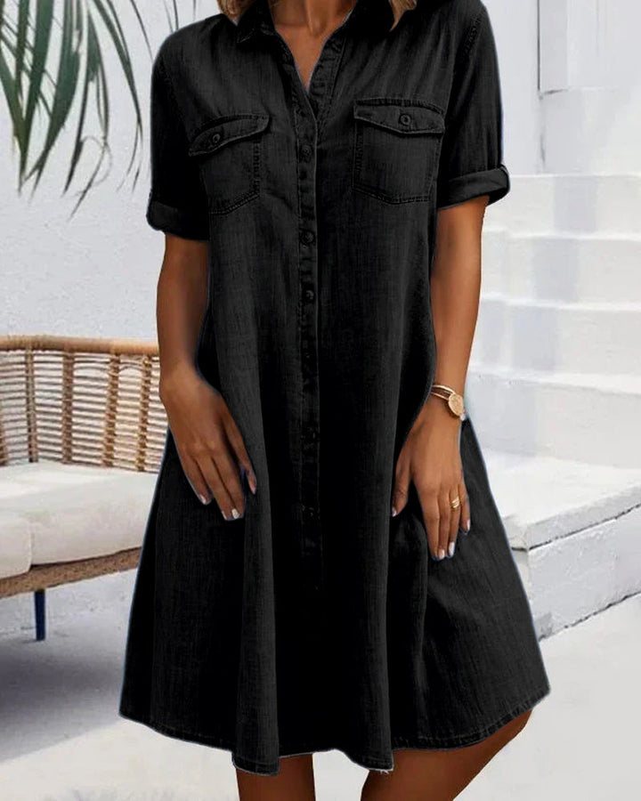 Comfortable women's lightweight denim-look dress for all-day wear. Versatile casual spring/summer fashion.