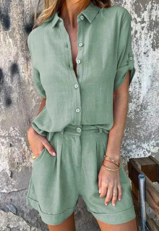 Effortless women's summer outfit. Lightweight shorts & matching top, perfect for casual comfort & lounge wear.