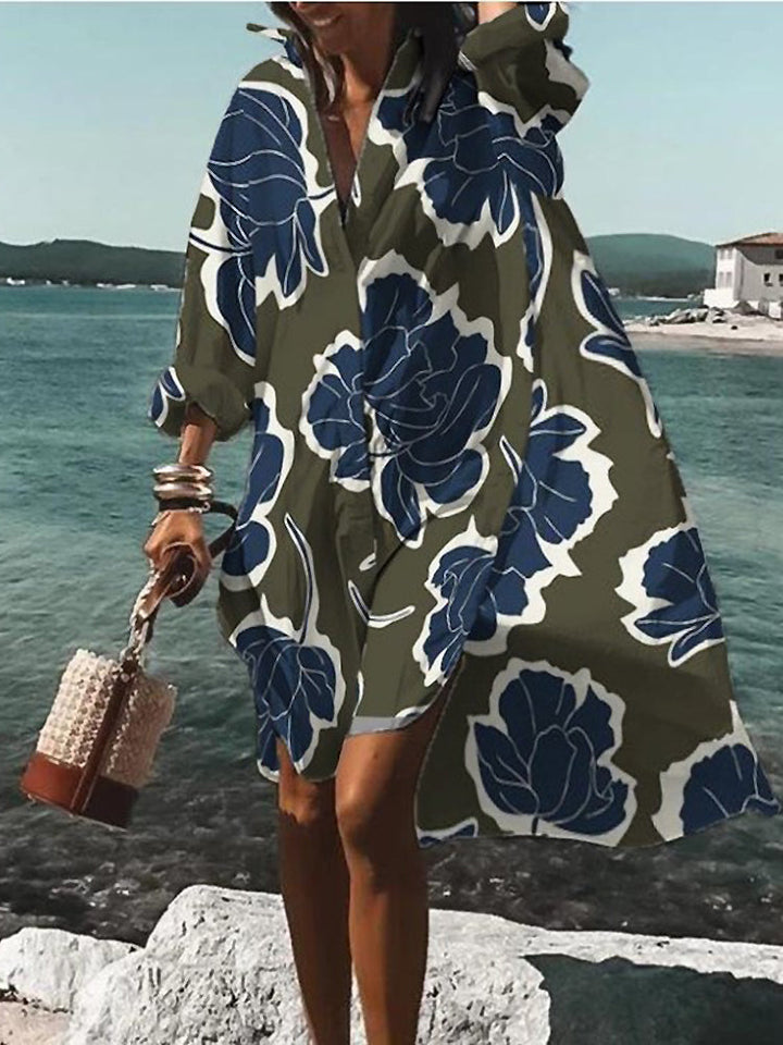Simple & comfortable women's midi shirt dress with short sleeves and full button closure, relaxed fit.