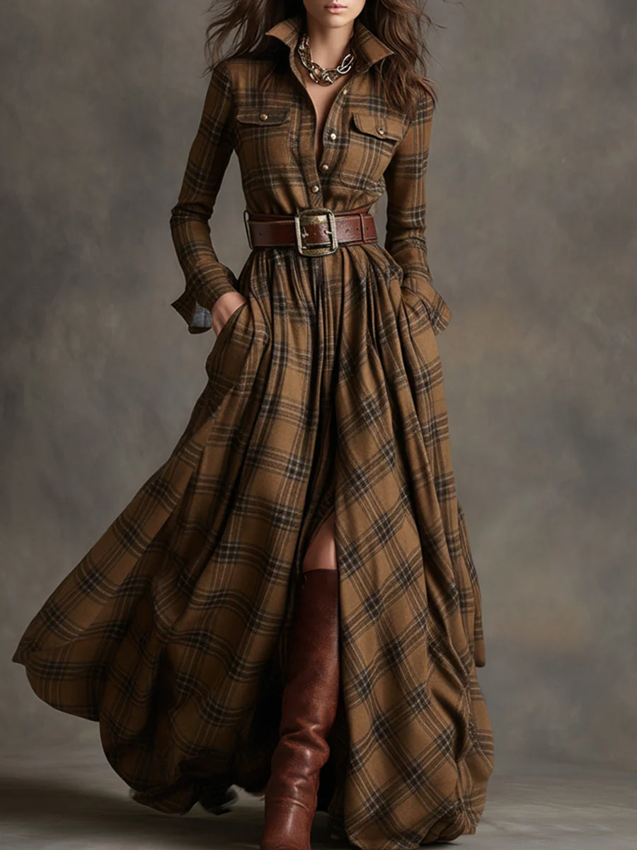 Casual women's long-sleeve plaid maxi dress with belt, flowy skirt, and button-down design for everyday wear.