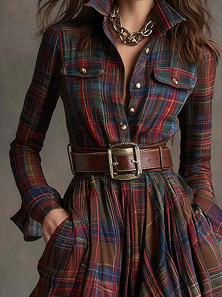 Western-inspired women's plaid maxi shirt dress with belt, long sleeves & button-down; ideal for fall fashion.