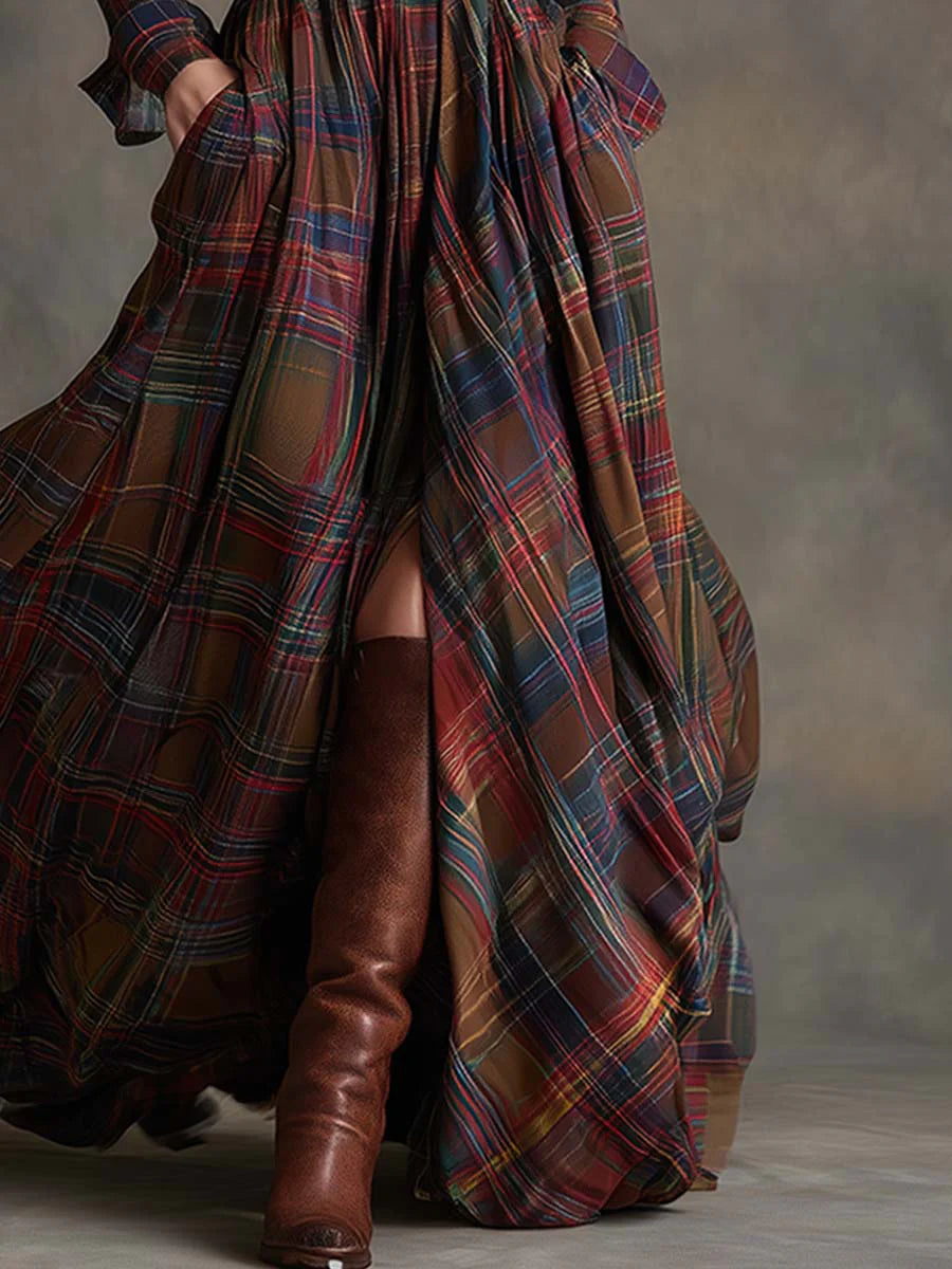 Effortless women's plaid maxi shirt dress, belted, with a comfortable flowy skirt, long sleeves for casual elegance.