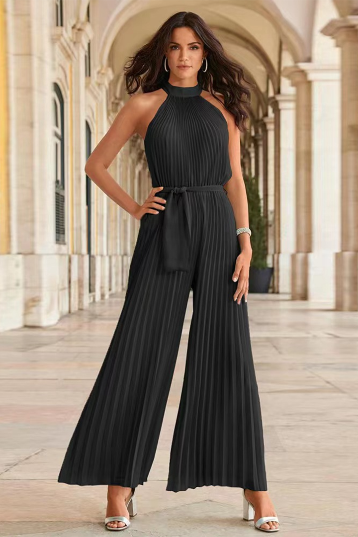 Elegant purple pleated jumpsuit for women, a comfortable one-piece wonder, perfect for dinner or travel.