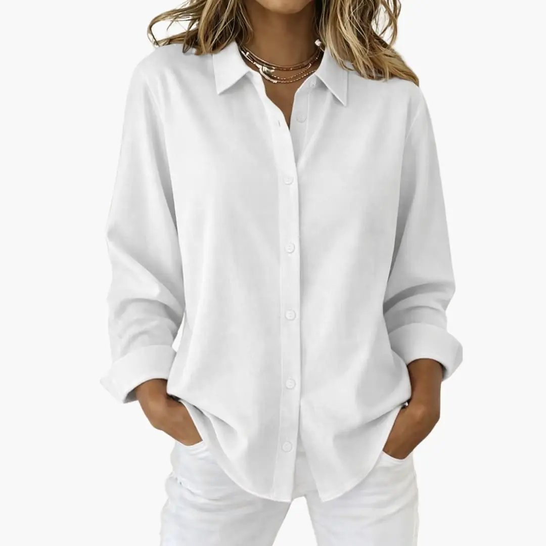 Women's effortless relaxed fit button-up shirt; versatile long sleeve blouse for casual everyday wear.