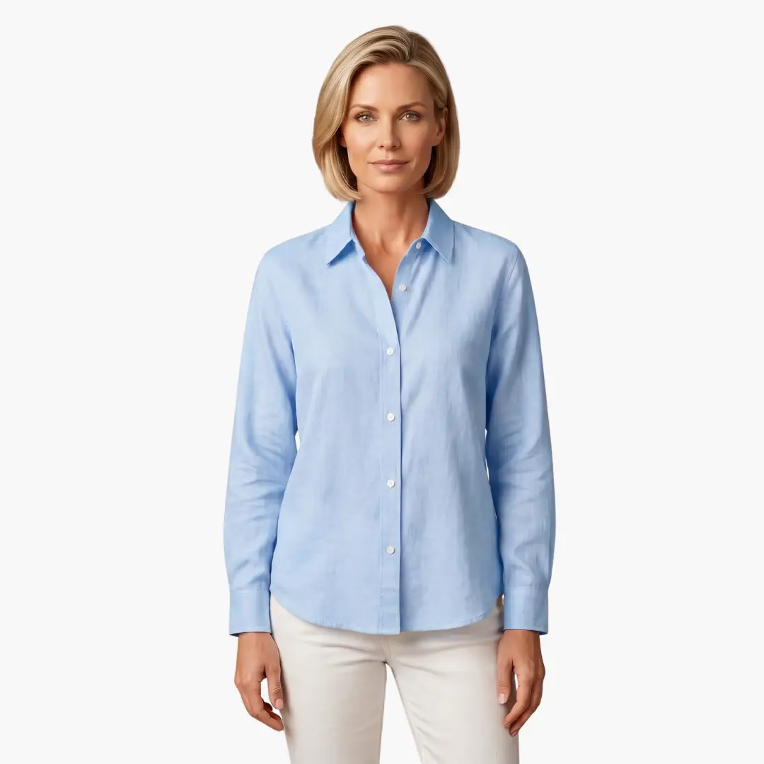 Effortless women's relaxed fit button-up shirt; a timeless long sleeve blouse that's always in style.